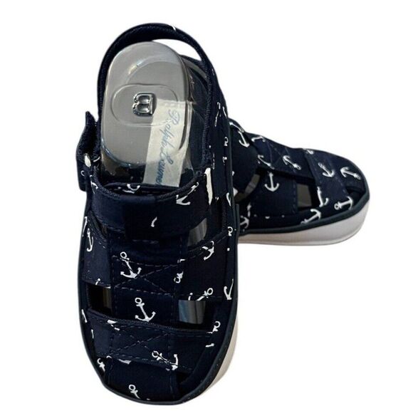 Baby Size 4 Soft Sole Navy Blue Crib Shoes Anchor Print Sandals New In Gift Box - Picture 1 of 6